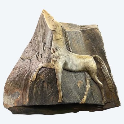 Imposing horse subject in metal on rough mineral block signed Ric Wal