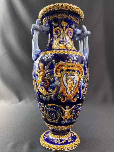 Large vase with handles in Gien earthenware, Renaissance décor on a blue background