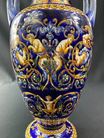 Large vase with handles in Gien earthenware, Renaissance décor on a blue background