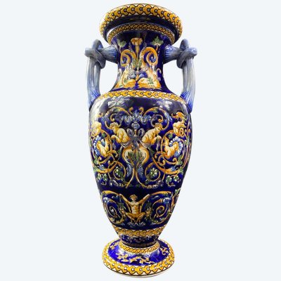 Large vase with handles in Gien earthenware, Renaissance décor on a blue background