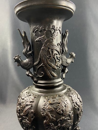 Large 19th century bronze vase with bird design Meiji Japan