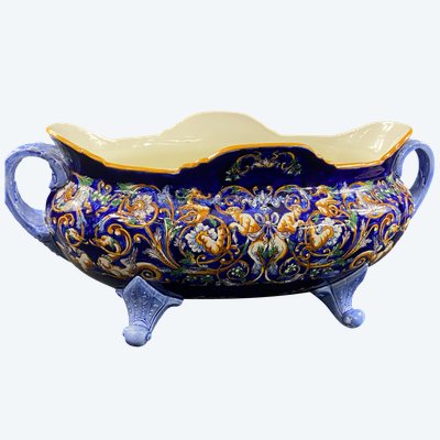 Large Gien earthenware jardinière with Italian Renaissance décor on a blue background