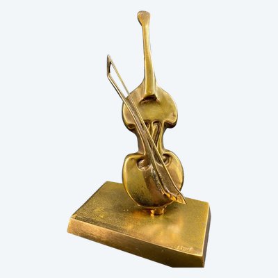 Soggetto in bronzo scolpito con violoncello e violino firmato Yves Lohé