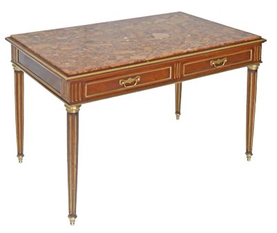 Louis XVI style desk table in solid mahogany and mahogany veneer with marble top