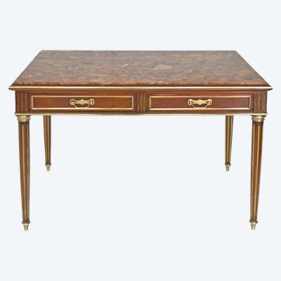 Louis XVI style desk table in solid mahogany and mahogany veneer with marble top