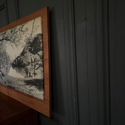 Photo on a wooden panel mountain landscape