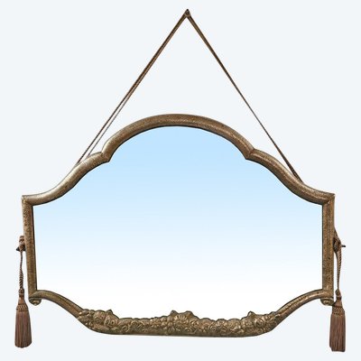 Miroir Art Déco En Bronze Martelé Et Argenté