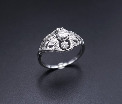 Art Deco 3 Diamond Ring, Gold And Platinum Setting.