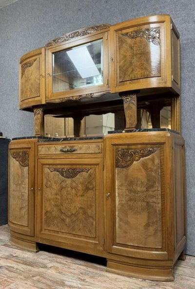 Buffet deux corps époque Art déco en noyer et ronce vers 1940