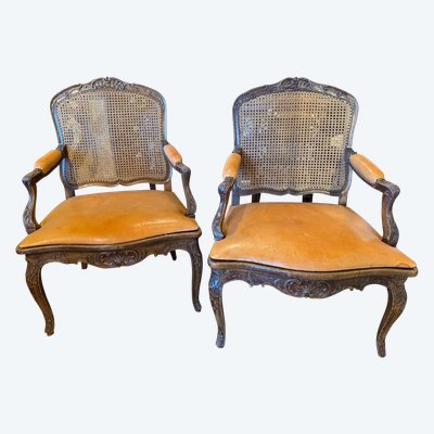 Pair of Louis XV cane armchairs in walnut