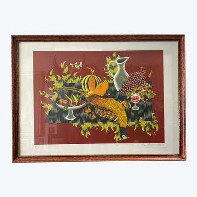 Jean Picart Le Doux, Still life with pheasant, Color lithograph Signed and numbered 48/250