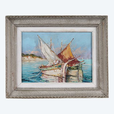 Saint Tropez and its Tartanes, signed: René GIOVANI, Marine painting