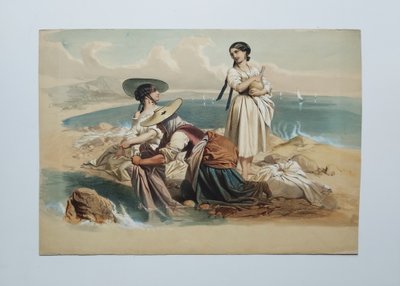 Lithograph  Women In Nice Watercolored  19th C Old Print