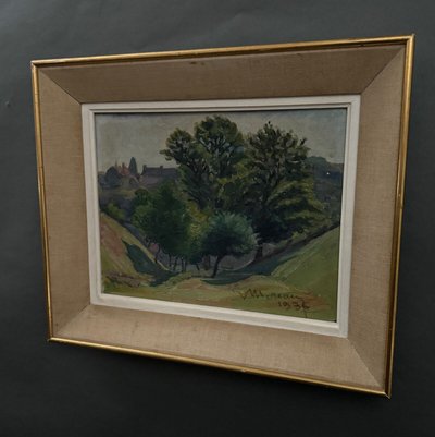 Oil on cardboard by Mereau 1936 representing a grove of trees