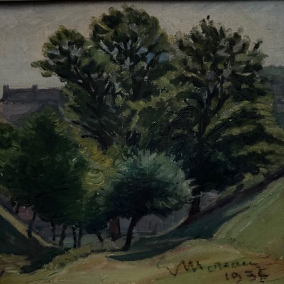 Oil on cardboard by Mereau 1936 representing a grove of trees