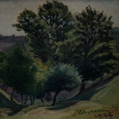 Oil on cardboard by Mereau 1936 representing a grove of trees