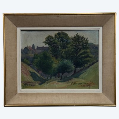 Oil on cardboard by Mereau 1936 representing a grove of trees