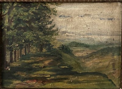 Oil on canvas depicting a forest landscape in the early 20th century, stucco frame