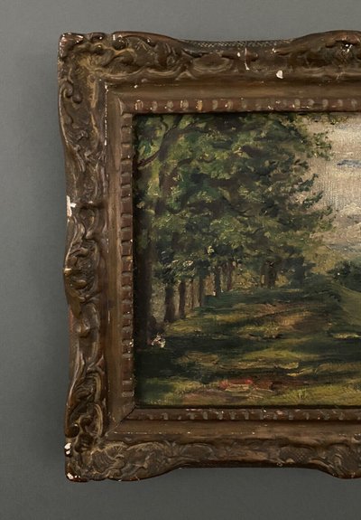 Oil on canvas depicting a forest landscape in the early 20th century, stucco frame