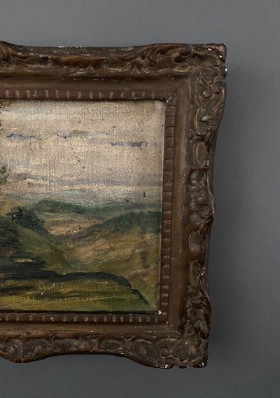 Oil on canvas depicting a forest landscape in the early 20th century, stucco frame