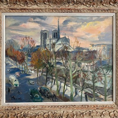 Huile sur toile par René Levrel Paris Notre-Dame XXe cadre cérusé