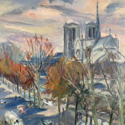 Huile sur toile par René Levrel Paris Notre-Dame XXe cadre cérusé