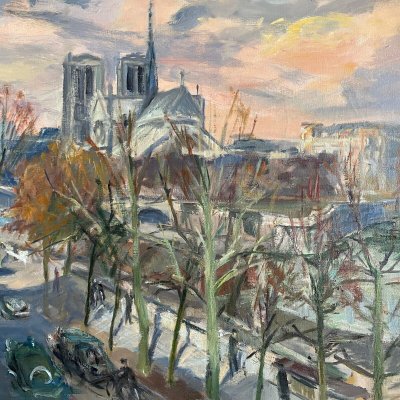 Huile sur toile par René Levrel Paris Notre-Dame XXe cadre cérusé