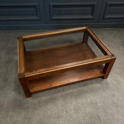 1970s coffee table in oak and glass top, French work