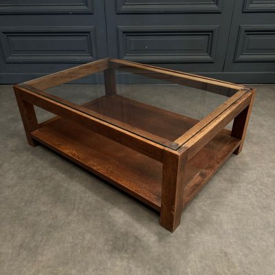 1970s coffee table in oak and glass top, French work