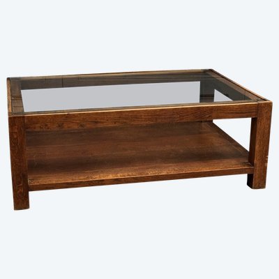 1970s coffee table in oak and glass top, French work