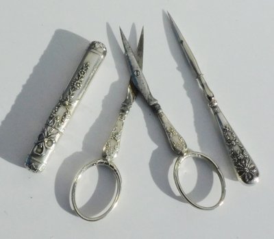 Antique Sewing Box Necessary Early 19th Century Scissors Thimble Sewing Awl Silver