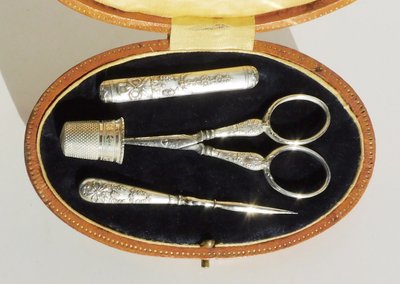 Antique Sewing Box Necessary Early 19th Century Scissors Thimble Sewing Awl Silver