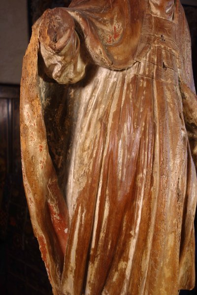 Large, formerly polychrome statue of a bishop