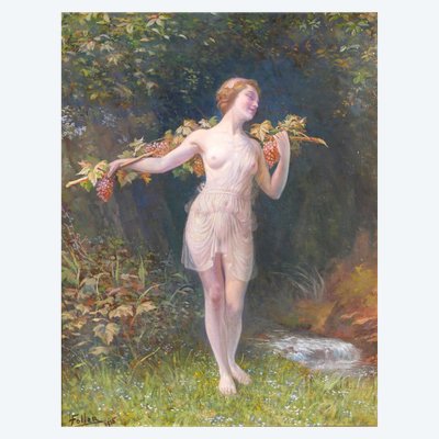 Lucien FOLLER 1869-1938 Bacchante, femme nue, tableau Art Nouveau, 1915