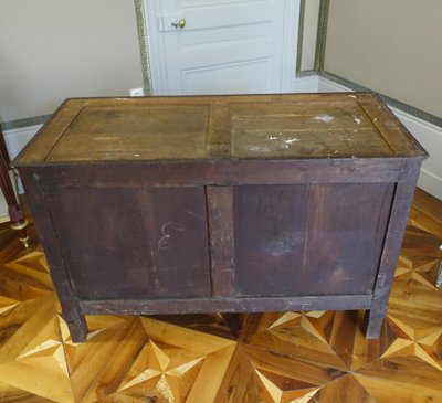 Commode d'époque Consulat en acajou bronze doré au mercure serrure trèfle & marbre bleu Turquin