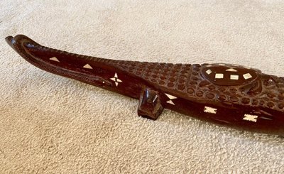 Solomon Islands, 1950s/1960s, Mother-of-Pearl Inlaid Wood Carving of a Crocodile.