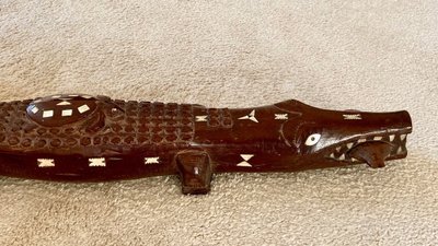 Solomon Islands, 1950s/1960s, Mother-of-Pearl Inlaid Wood Carving of a Crocodile.