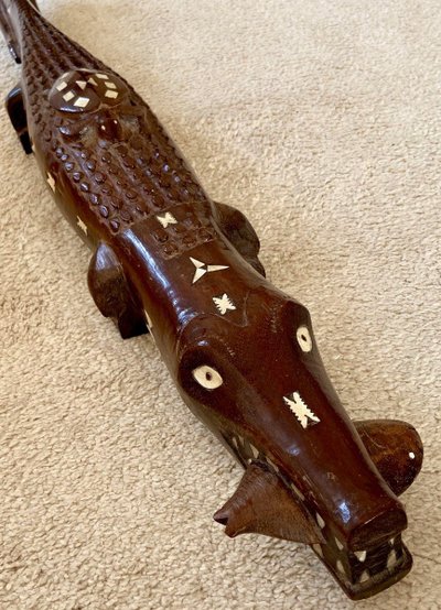 Solomon Islands, 1950s/1960s, Mother-of-Pearl Inlaid Wood Carving of a Crocodile.