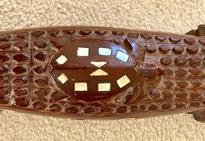 Solomon Islands, 1950s/1960s, Mother-of-Pearl Inlaid Wood Carving of a Crocodile.