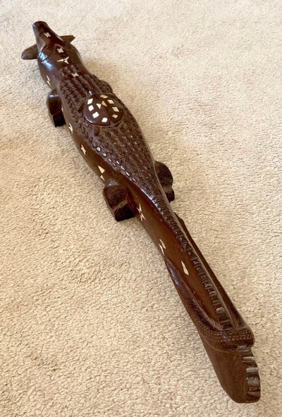 Solomon Islands, 1950s/1960s, Mother-of-Pearl Inlaid Wood Carving of a Crocodile.