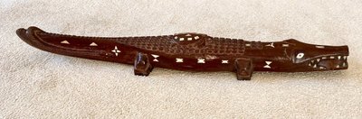 Solomon Islands, 1950s/1960s, Mother-of-Pearl Inlaid Wood Carving of a Crocodile.