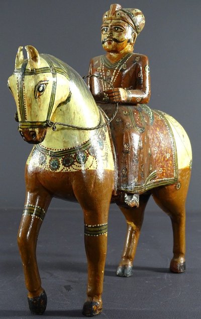 India, Mid-Twentieth Century, Polychrome Wooden Group Rider On His Harnessed Mount.