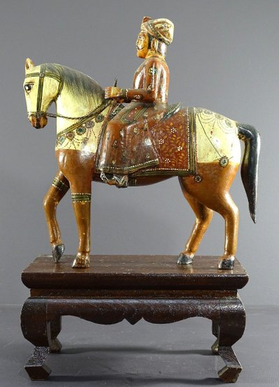 India, Mid-Twentieth Century, Polychrome Wooden Group Rider On His Harnessed Mount.