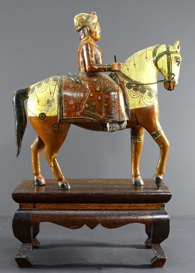 India, Mid-Twentieth Century, Polychrome Wooden Group Rider On His Harnessed Mount.