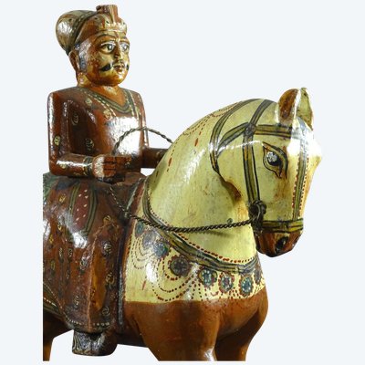 India, Mid-Twentieth Century, Polychrome Wooden Group Rider On His Harnessed Mount.