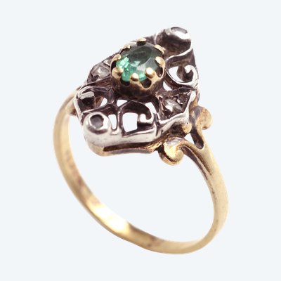 Anello antico con smeraldo in oro e argento 18 ct, anello antico, anello con smeraldo e diamante, gioielli antichi