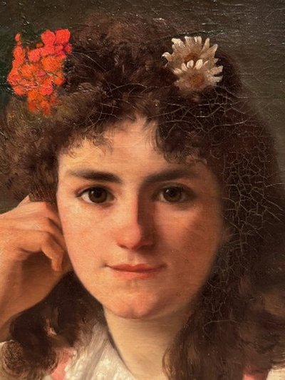 Portrait of a young girl with a bouquet of roses, V.HUGON, 1896