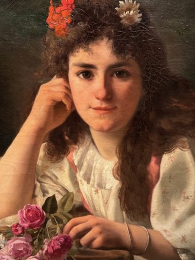 Portrait of a young girl with a bouquet of roses, V.HUGON, 1896