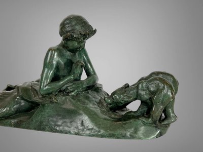 EMMANUEL FREMIER 1824 -1910 BRONZE WITH GREEN PATINA "PAM ET OURSONS" SIGNED