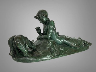 EMMANUEL FREMIER 1824 -1910 BRONZE WITH GREEN PATINA "PAM ET OURSONS" SIGNED